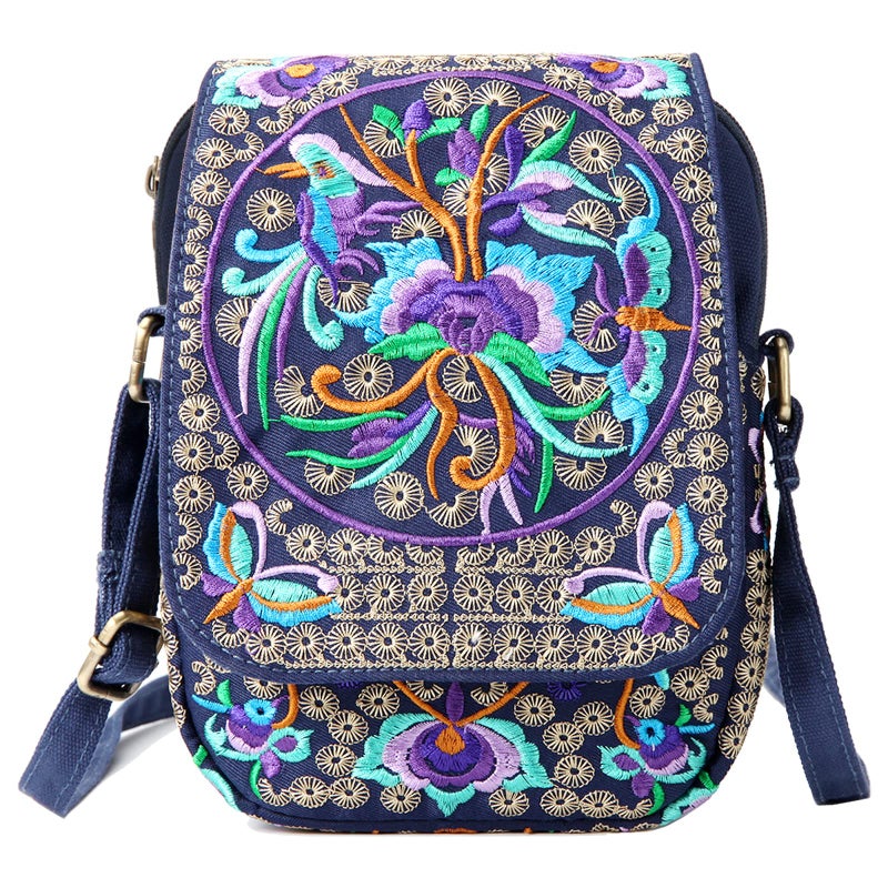 SILKAREA Embroidered Small Canvas Crossbody Bag for Women - Handmade Mini Shoulder Bag Wallet Pouch (Blue) - Image 1